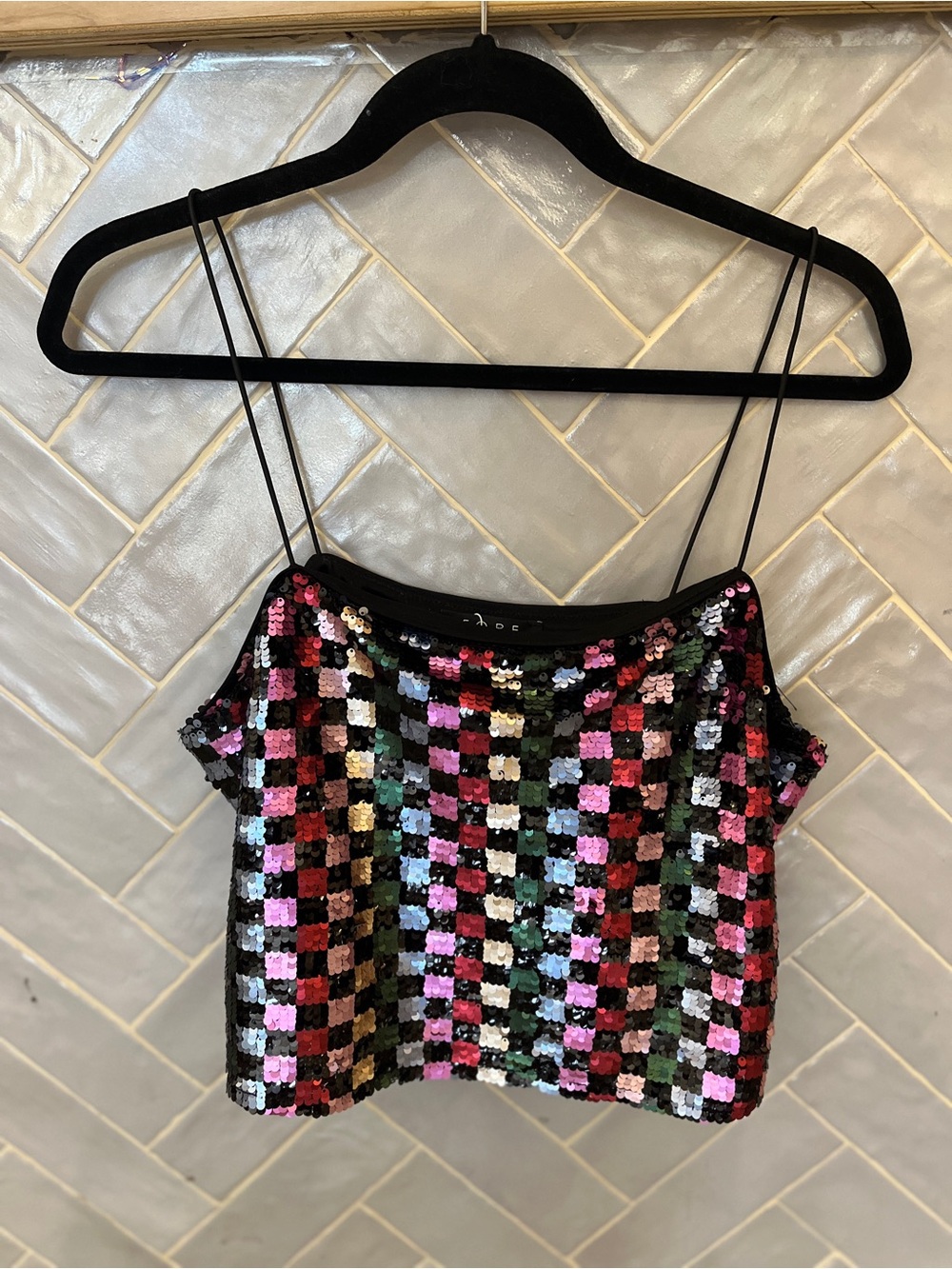 Multicolor Sequin Checkered Spaghetti Strap Crop Top